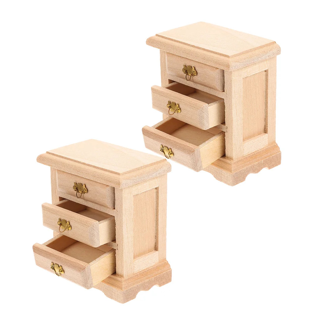 2 Pcs Dollhouse Bedside Table Dolls Cabinet Miniature Model Decor Baby Wood Night Stand