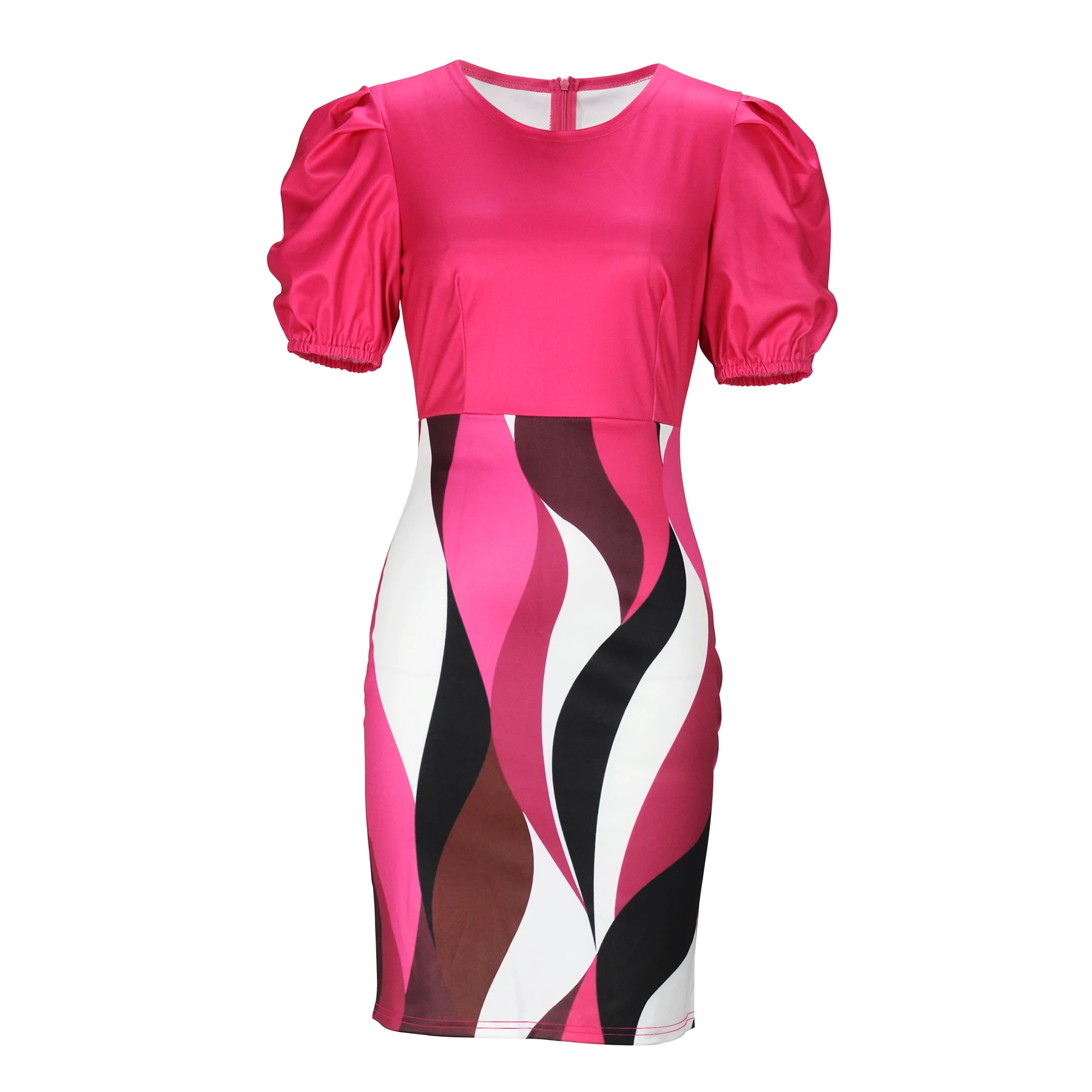 Bodycon Puff Sleeve Splicing Dress, Elegant Crew Neck Dress For Spring & Summer, Women's Clothing