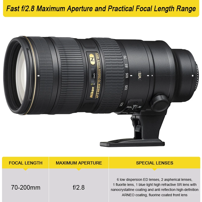 Nikon AF-S NIKKOR 70-200mm f/2.8G ED VR II Lens Long focal full frame telephoto zoom lens used in Nikon digital SLR cameras