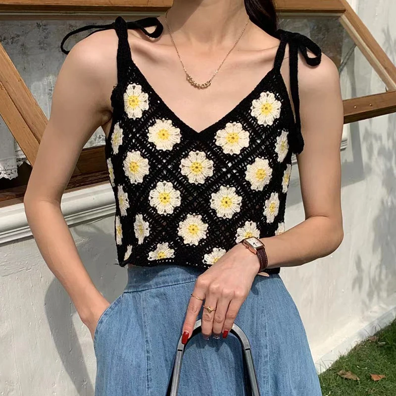 여성용 타이 숄더 크로셰 캐미 탑 자수 꽃무늬 오픈 니트 크롭 캐미스와 탱크, 십대 소녀 여름 휴가 보호 복장 