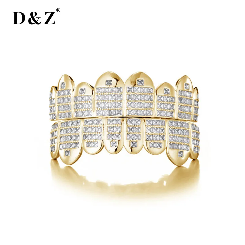 D&Z New Teeth Grillz Prong With Bling AAA Baguette Stones Silver Color Eight Top & Bottom Vampire Grills Set For Hip Hop Gift