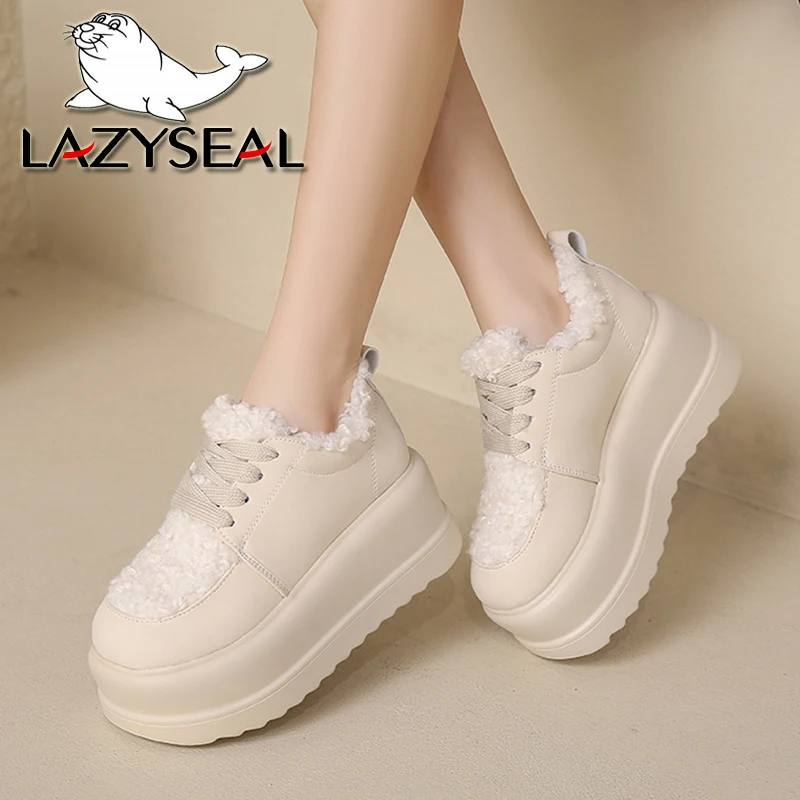 LazySeal Furry 7.5cm stivaletti con plateau scarpe fodera in peluche Sneakers invernali con lacci zeppa con tacco grosso scarpe Casual da donna