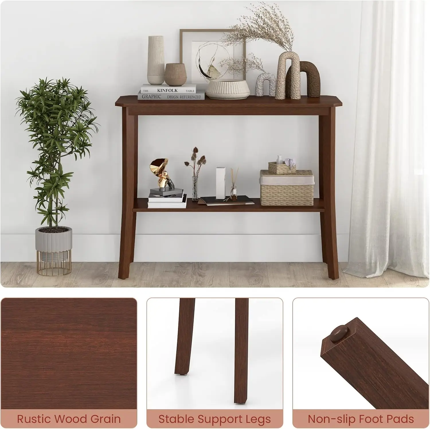 2-Tier Console Table for Entryway - Sofa Side Table with Open Shelf, Freestanding Long Entryway Table, Narrow Behind Couch