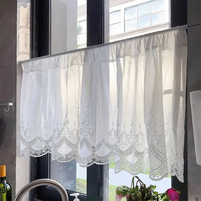 White Cotton Lace Valances,Floral Embroidered Semi Sheer Curtain for Kitchen Cafe Dining Bath Room Dust Curtain 1 Panel