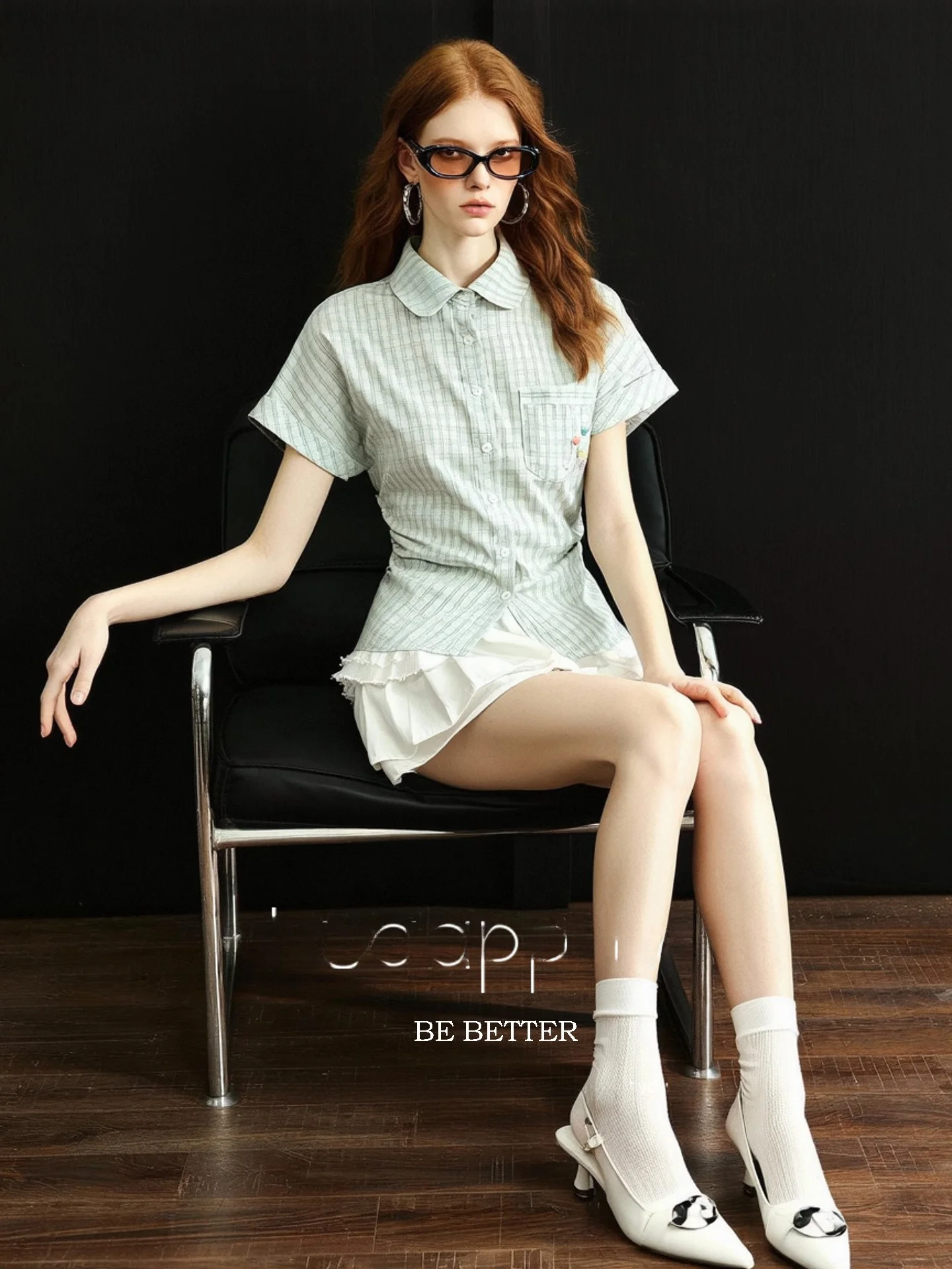 

Huaappuw Green Plaid Shirt Women's Summer New Short Sleeve Waist Cinched Stand Collar French Style Fit Ladies' Blouse