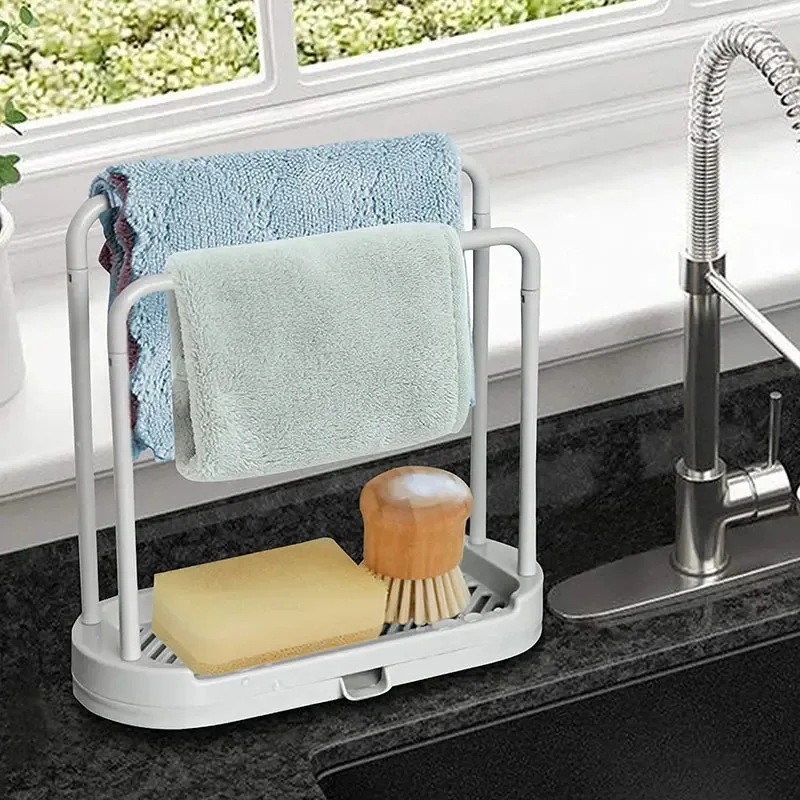 Detachable Dishcloth Holder for Sink, Sponge Rack & Rag Hanger, Kitchen/Bathroom Storage Shelf Organizer, Quick-Drain Design