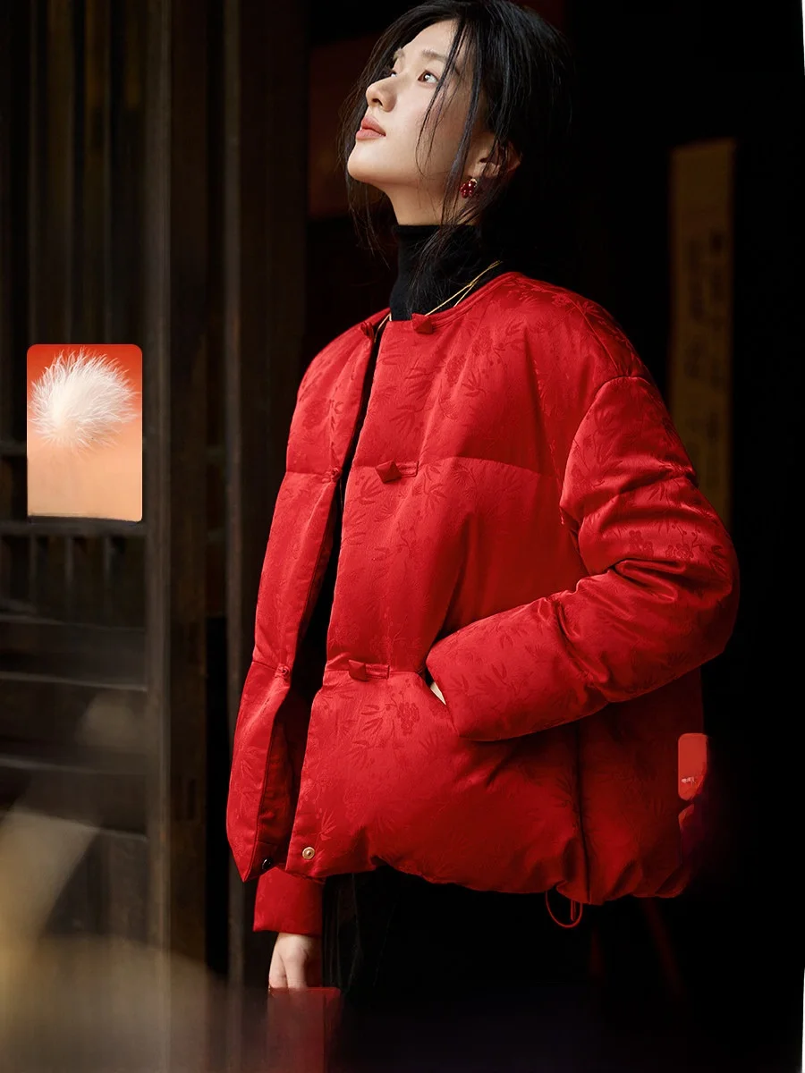 

XWI Chinese Sle Embroidered Du down Jaet Women's Winter Coat Red New Year's Robe Warm Outerwear Long Sve ort Length