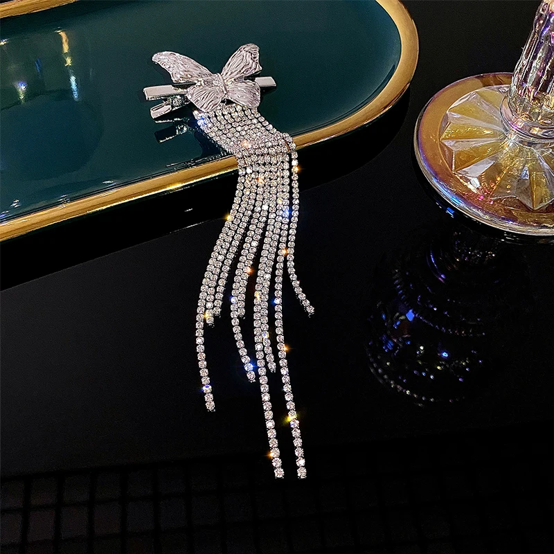 Butterfly tassel light luxury hair clip with high-end rhinestones on the side long niche design personalized hair accessory