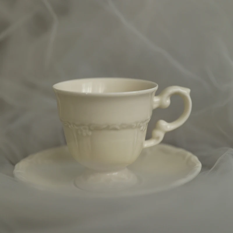 France Romance Cream Color Cup and Saucer European Modern Porcelain Mug Relief Craftsmanship Cup