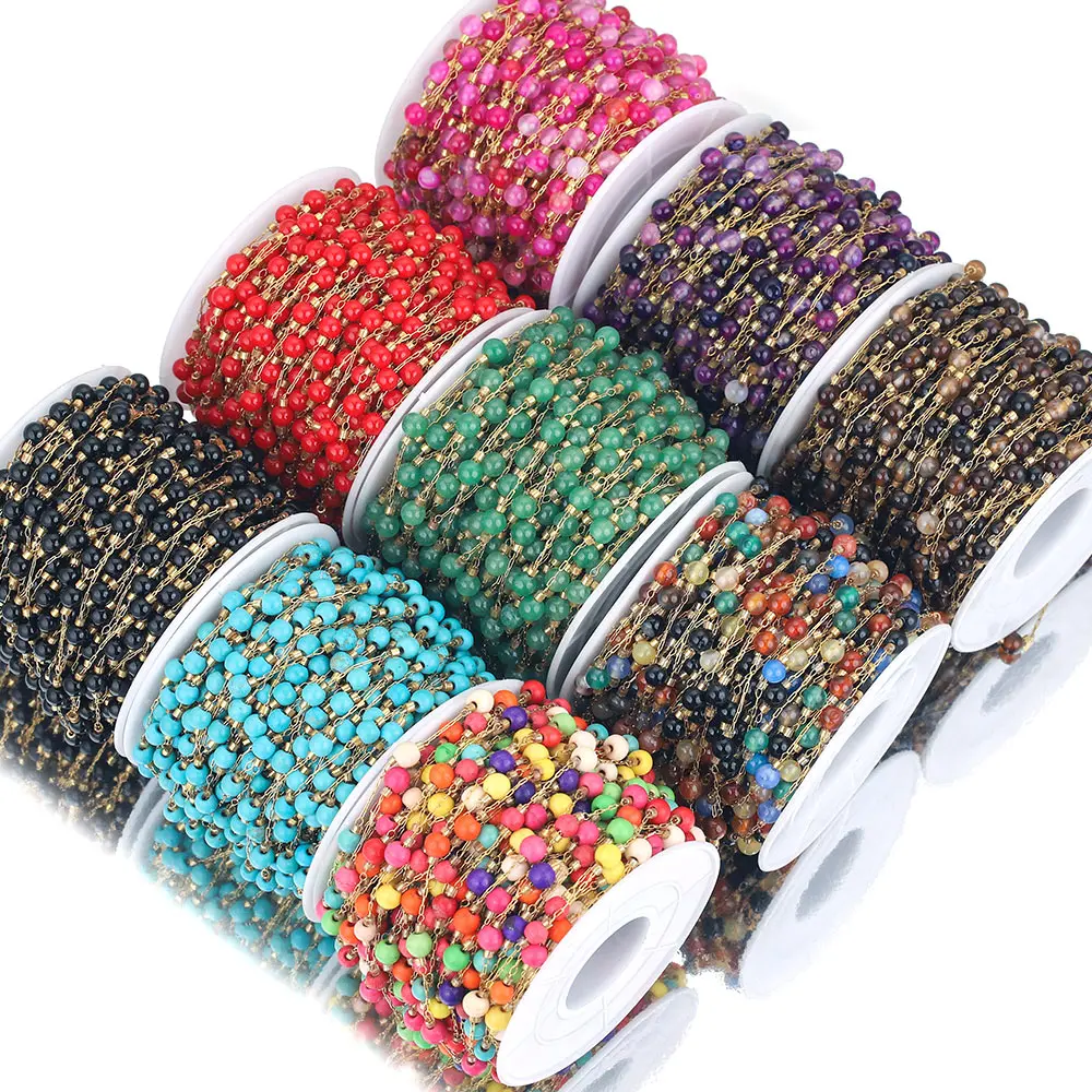 1 Meter Charming Natural Stone 4mm Beaded Ball Cable Rolo Chains Stainless Steel Chain DIY Jewelry Making Supplies Wholesale