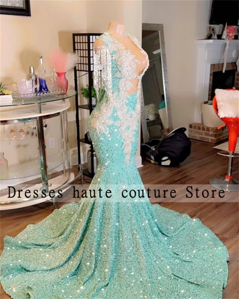 Glitter Sequins Appliques Mermaid Prom Dresses 2025 For Black Girls Sexy Rhinestones Crystal Tassel Party Gowns Customized