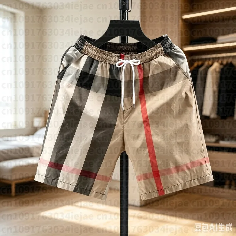 2026 Summer New Fashion Men's Kid Vintage Check Plaid Quick Dry Drawstring Beach Casual Shorts Loose Quick Drying Sports Pants
