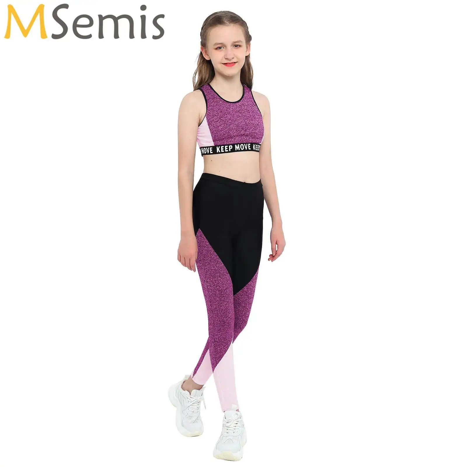 Kids Girls Sportswear Gymnastics Outfits Running Sports Suit Wide Shoulder Tops+Pants Clothes Set Girls Workout Activewear