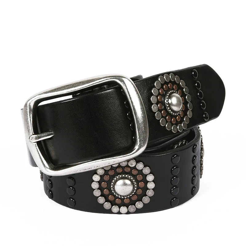 

men luxury fashion punk hip hop original leather belts round rivets belt women brand designer waistband pin buckle studded leash