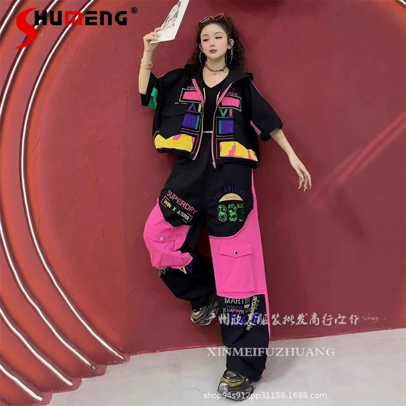 

2026 Women's Summer New Printing Hand-painted Graffiti Loose Over Size Fashion Personality Denim Splicing Jackets Trousers Sets
