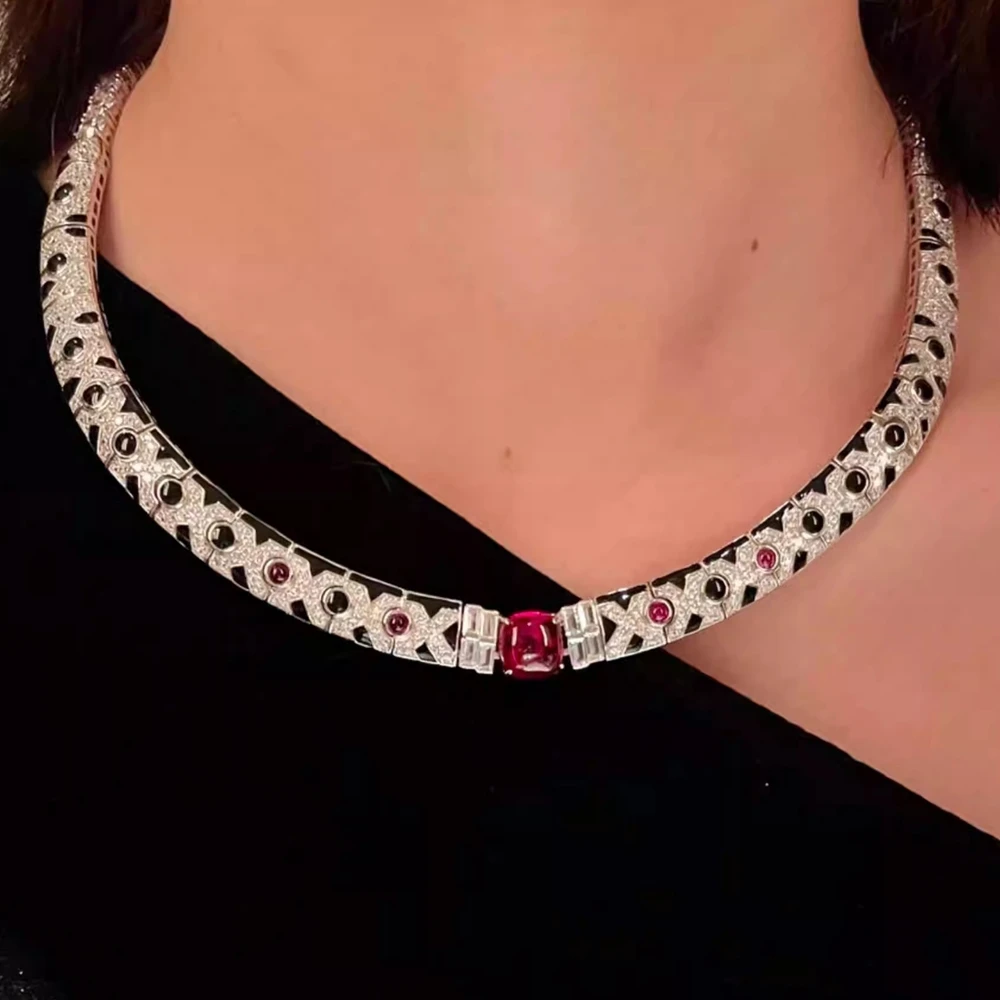 925 الفضة الأسود المينا الاصطناعية الأحجار الكريمة الحمراء الكربون الماس النمر ليوبارد طباعة المختنق سلسلة قلادة غرامة مجوهرات فاخرة