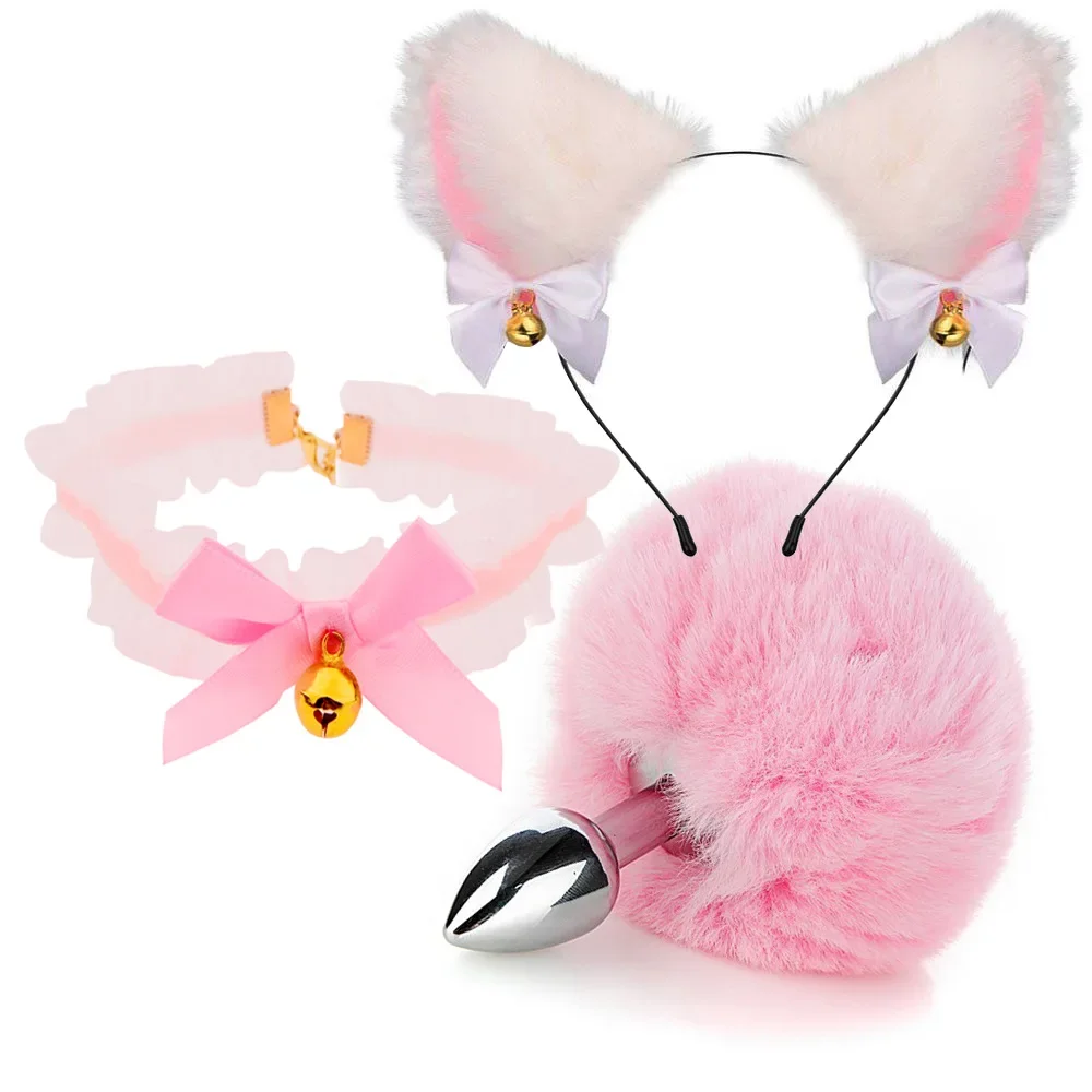 Sexy Three-piece Set Accessories SM Cute Cat Ears Headband Fox Tail  Anal Plug Set Adult Games Erotic Sex Adult Toy