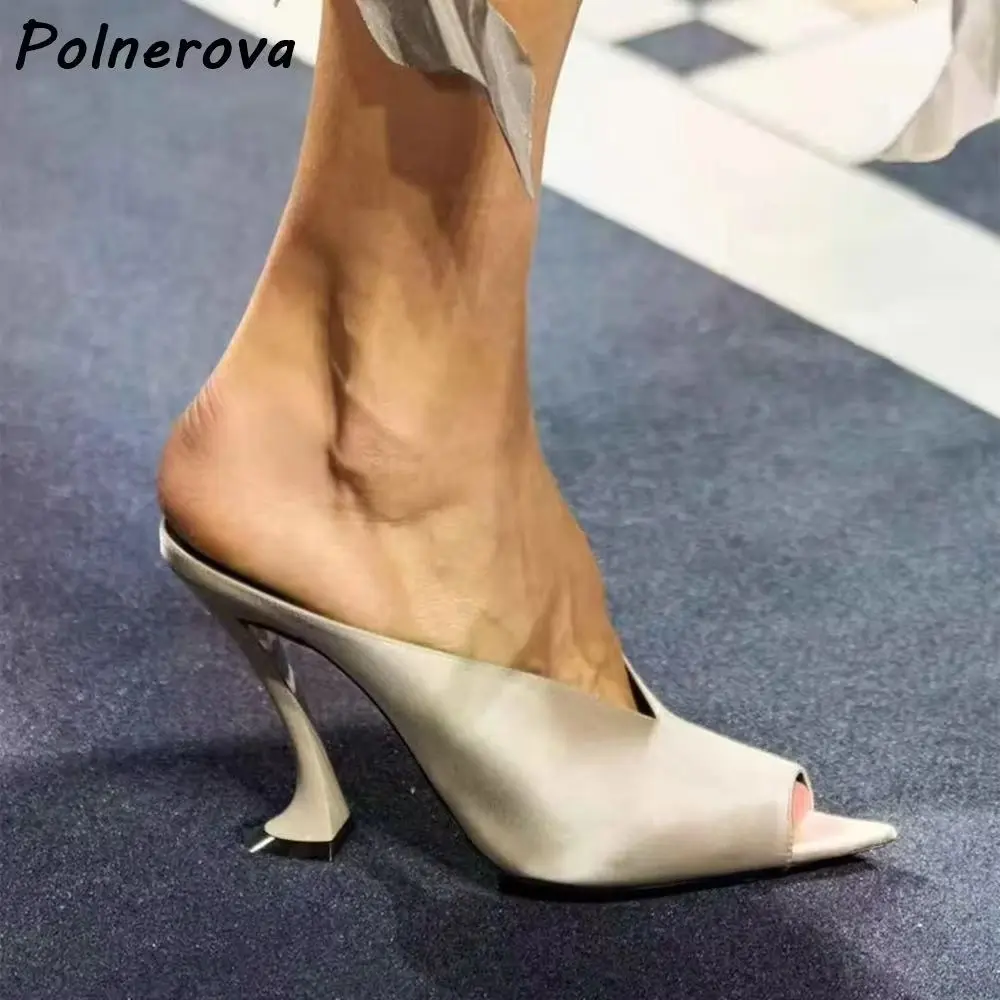 

Solid Strange Style Heels Slippers Pointy Peep Toe Slip On Stain Runway Shoes Women's Summer Fashion Elegant Outdoor Slippers