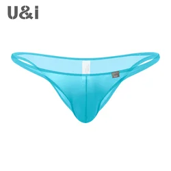 U & I calzoncillos sexys para hombre, ropa interior de nailon elástico fino, cintura ultra baja, soporte para escroto, bikini, paquete medio