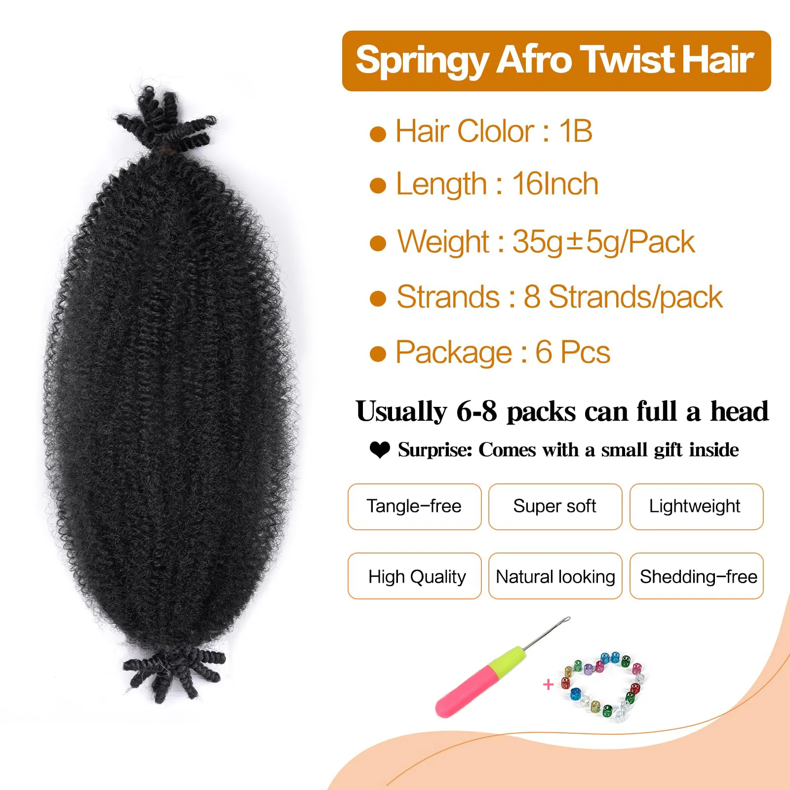 スプリングアフロツイストヘア6パック、プレフワフワスプリングツイストプレシンセティックストレッチラッピングヘア、ソフトロックスヘアエクステンション用