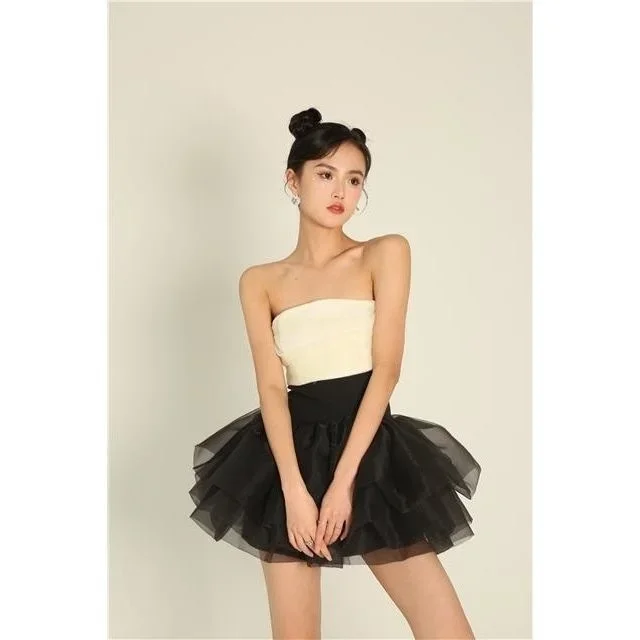 New High Class Feeling, Keep Cute, Small Black Puffy Mesh Skirt, Two-piece Suit Faldas Fashion Clothes for Women Skirts