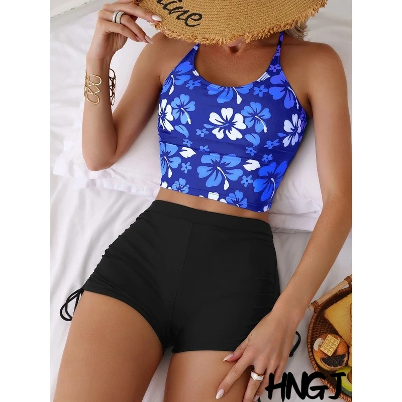 2026 Set Tankini con fiori stampati Costumi da bagno per ragazza Cinturino regolabile Gilet Reggiseno Pantaloncini a fiori femminili Bikini con coulisse Set da spiaggia per donna