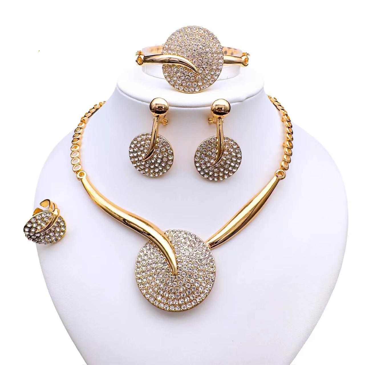 Exquisite Jewelry Set Big Round Rinestone Pendant Necklace for Women Girl's Gift African Party Accessories Daily Wear