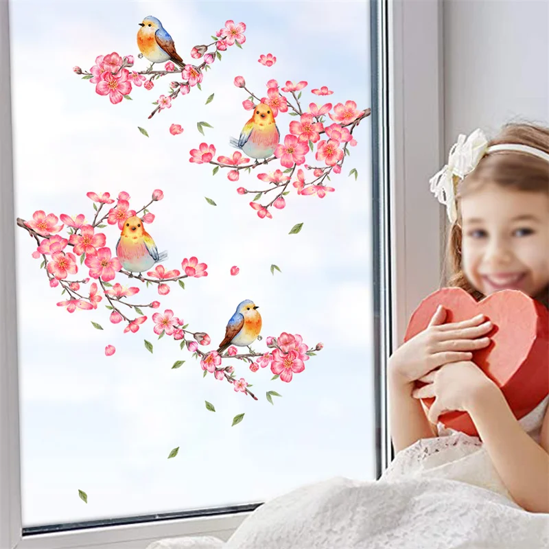 Birds Stickers Window Decor Vinyl Art Spring Flowers Glass Wall Decal for Home Bathroom Kids Room Decoration One Pieces Posters