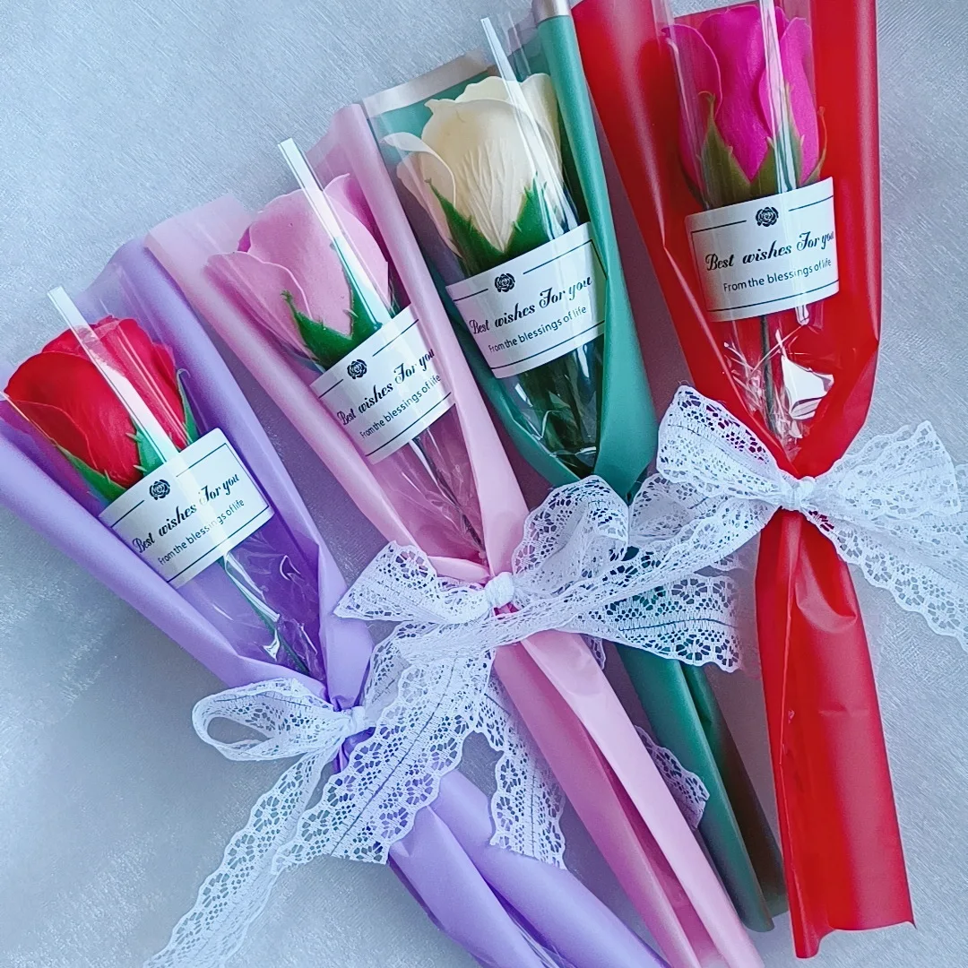 Single Soap Rose Artificial Bouquet With Plastic Packaging Scented Soap Flower For Teacher'S Day Valentine'S Day Decorations