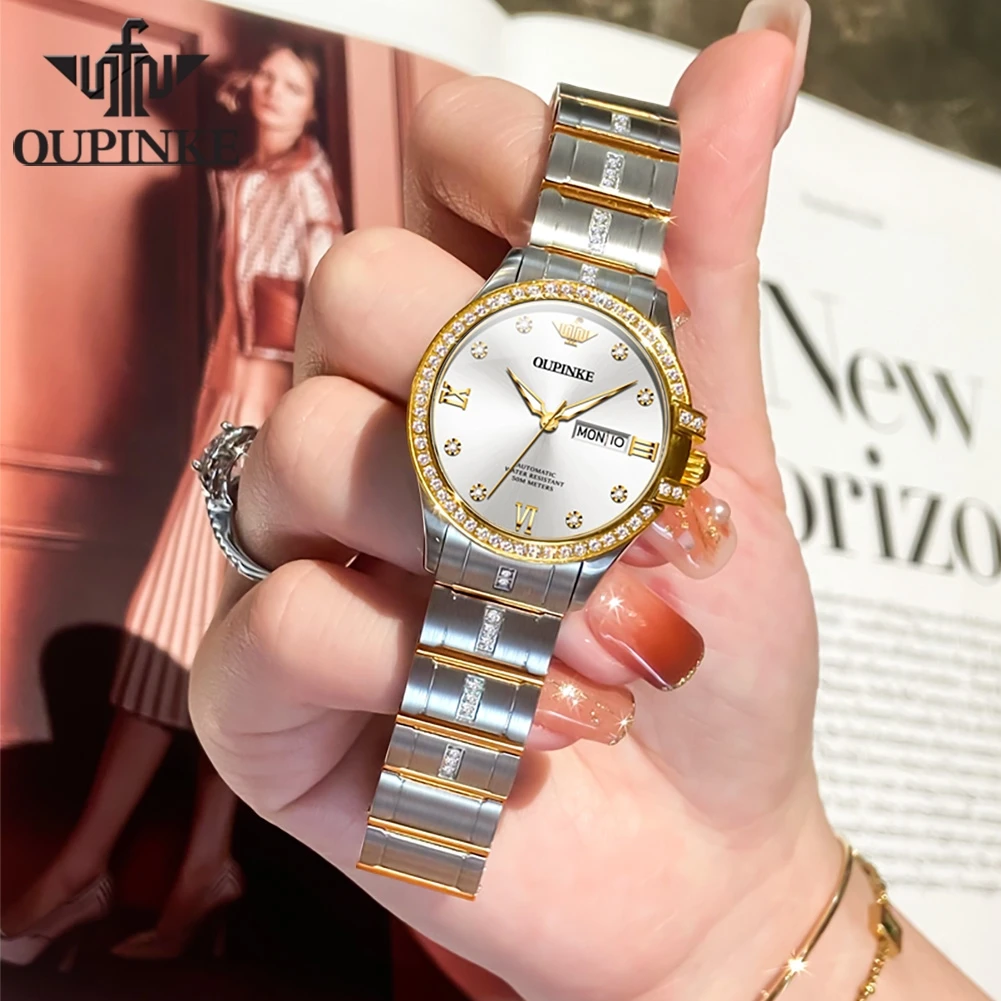 OUPINKE 3195 Roman Scale Mechanical Dress Watch For Women Diamond Original Automatic Hand Clock Waterproof Dual Calendar Watches