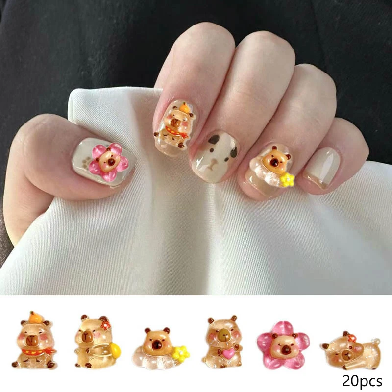 20pcs Brown Capybara Cartoon Nail Charms Silly And Cute Water Dolphin Resin Nail Accessories