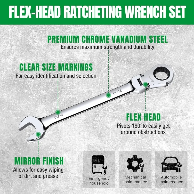 home.Flex-Head Ratcheting Wrench Set, Combination Wrench Set,72-Tooth, Premium CR-V Construction, with Rack Organizer