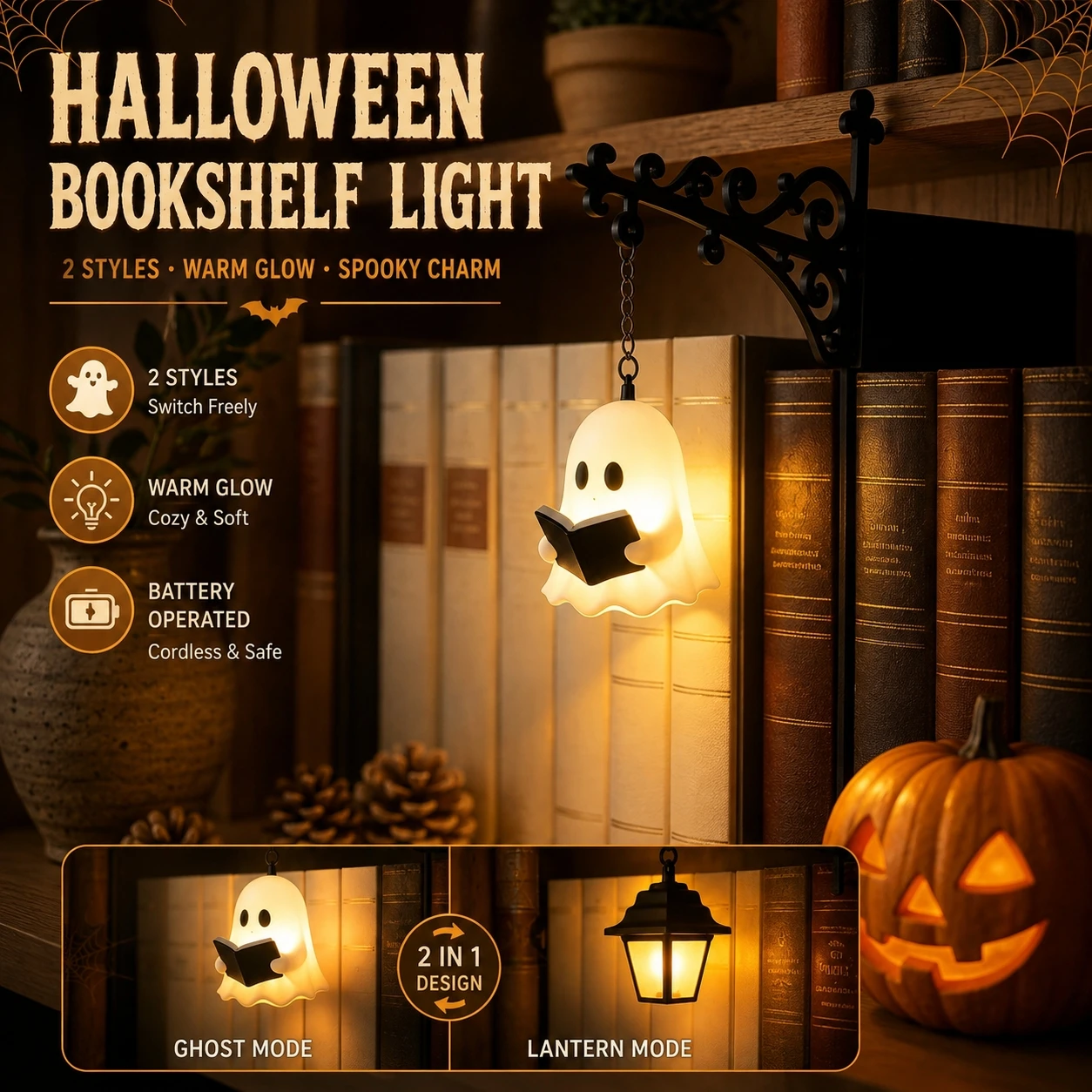 Retro Metal Bookend Hanging LED Lamp, Replaceable Warm Light Fixture for Bookshelf Indoor Decor & Halloween Holiday Ornament