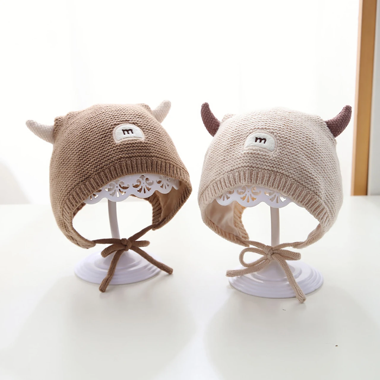 

Cartoon Cute Baby Hat Autumn Winter Soft Knitted Solid Color Ear Protection Lacing Cap Boys Girls Infant Newborn Beanies Bonnet