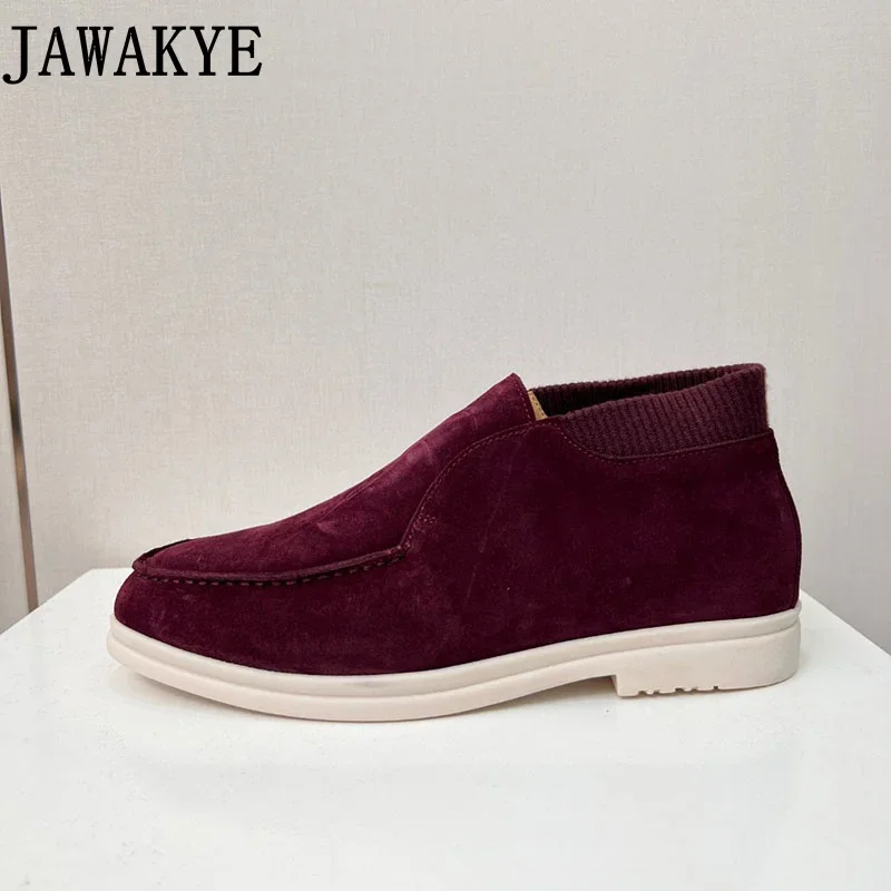 2023 New Knitted Collar Men\'s Loafers Real Suede Leather Slip-on Flat Shoes High Top Male Business Shoes New Couple Shoes