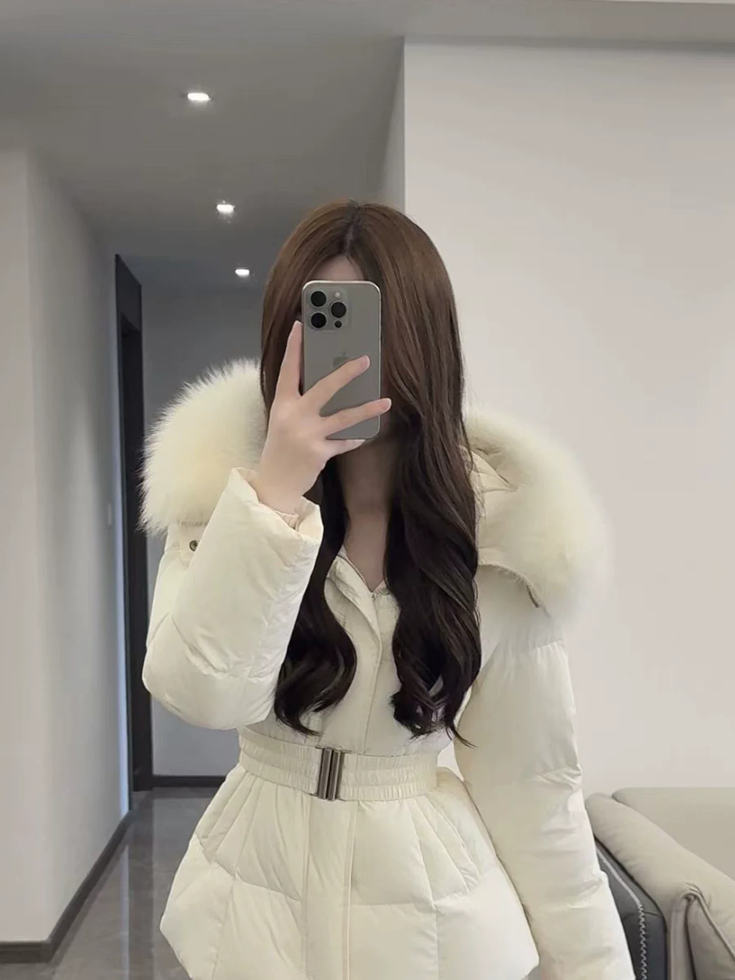 Korean Style Warm Large Fur Collar Hooded down Cotton Jacket Women's Autumn Winter Drawstring Waist Cinched Short Coat