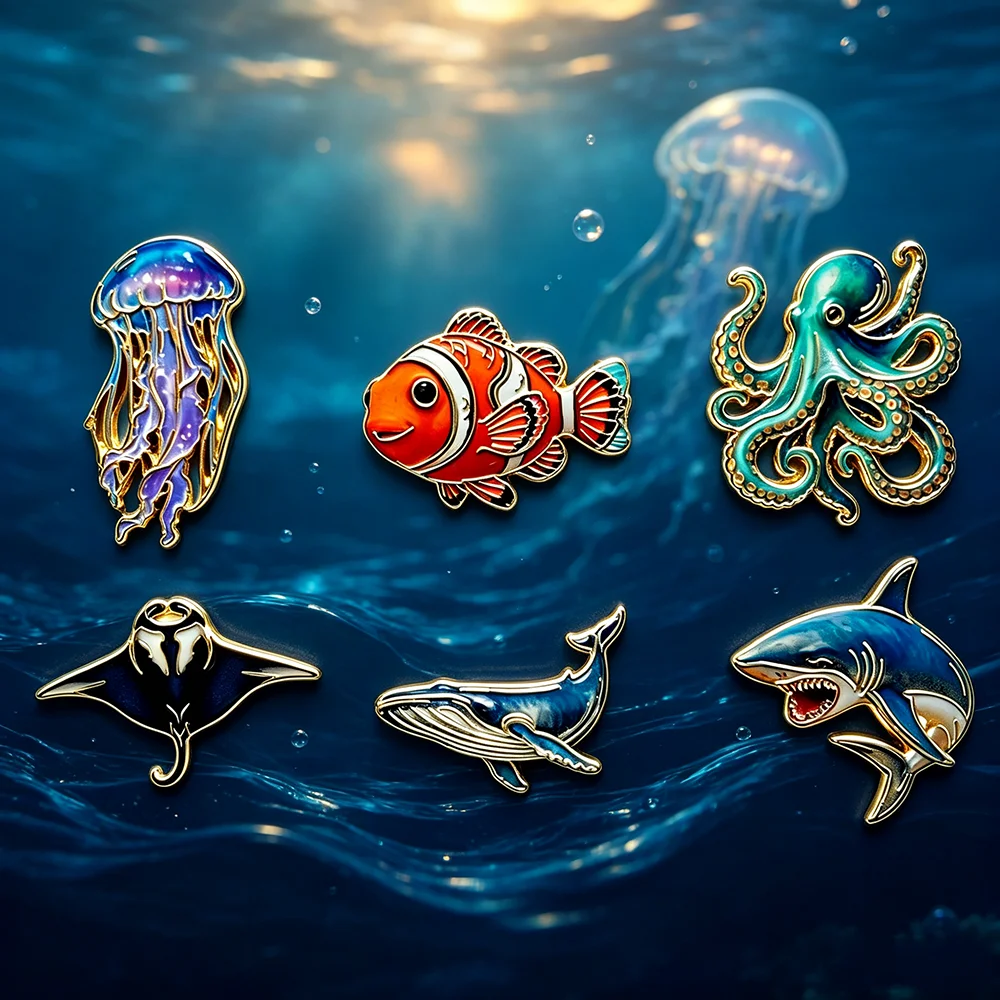 6Pcs Ocean Animal Enamel Pin Set, Marine Creature Brooches Jellyfish Octopus Clownfish Shark Whale Manta Ray, Kawaii Metal Pins