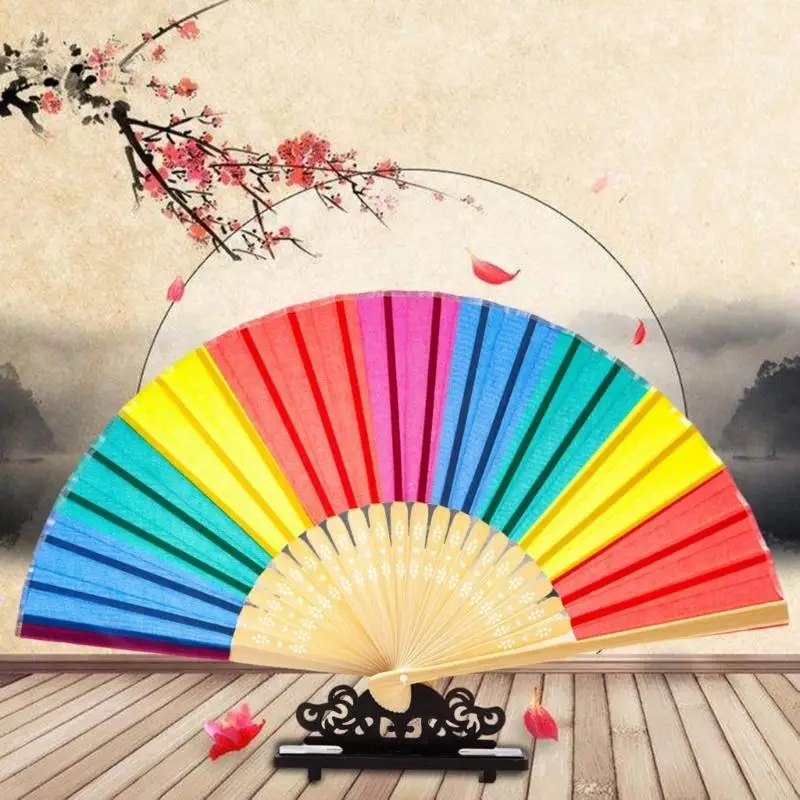 T3LC Rainbow Hand Fan Fan Chinese Hand Dureble Cloth con maniglia bambù resistente