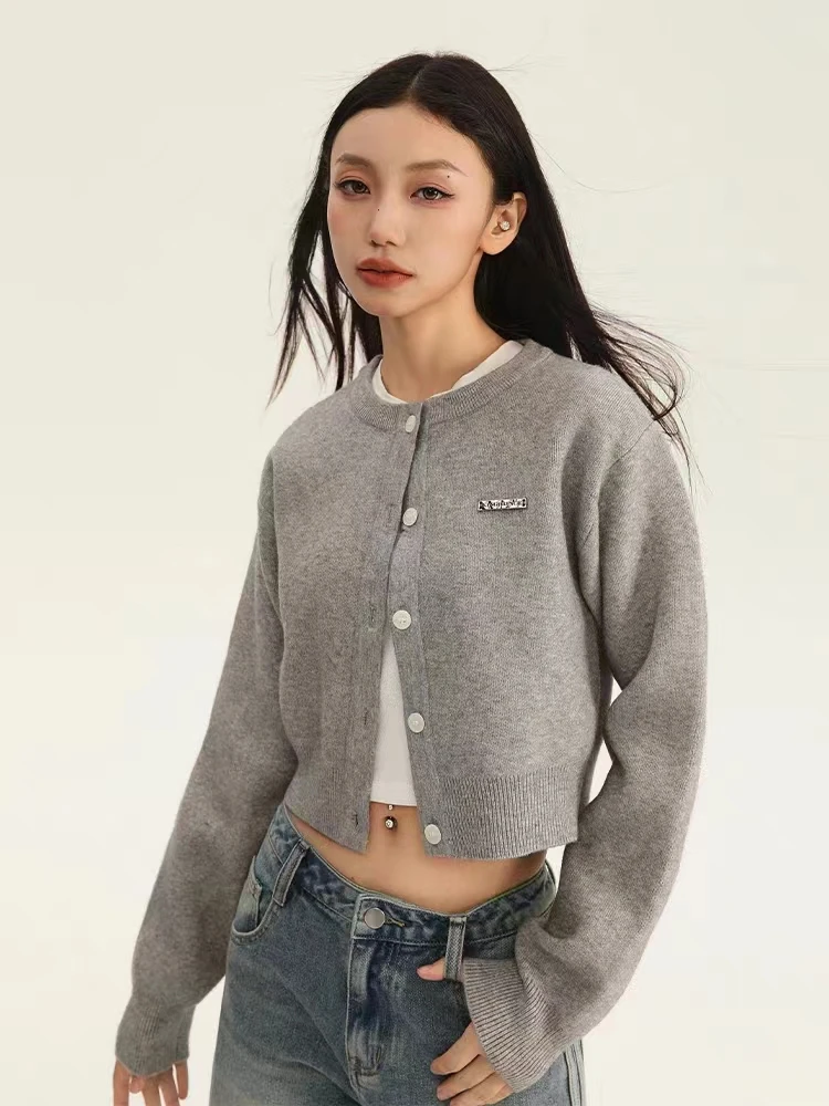 Grey Short Knitted Sweater Coats Women Clothing Autumn/Winter New Korean Casual Lazy Style Slim Long Sleeve Cardigan Women Tops