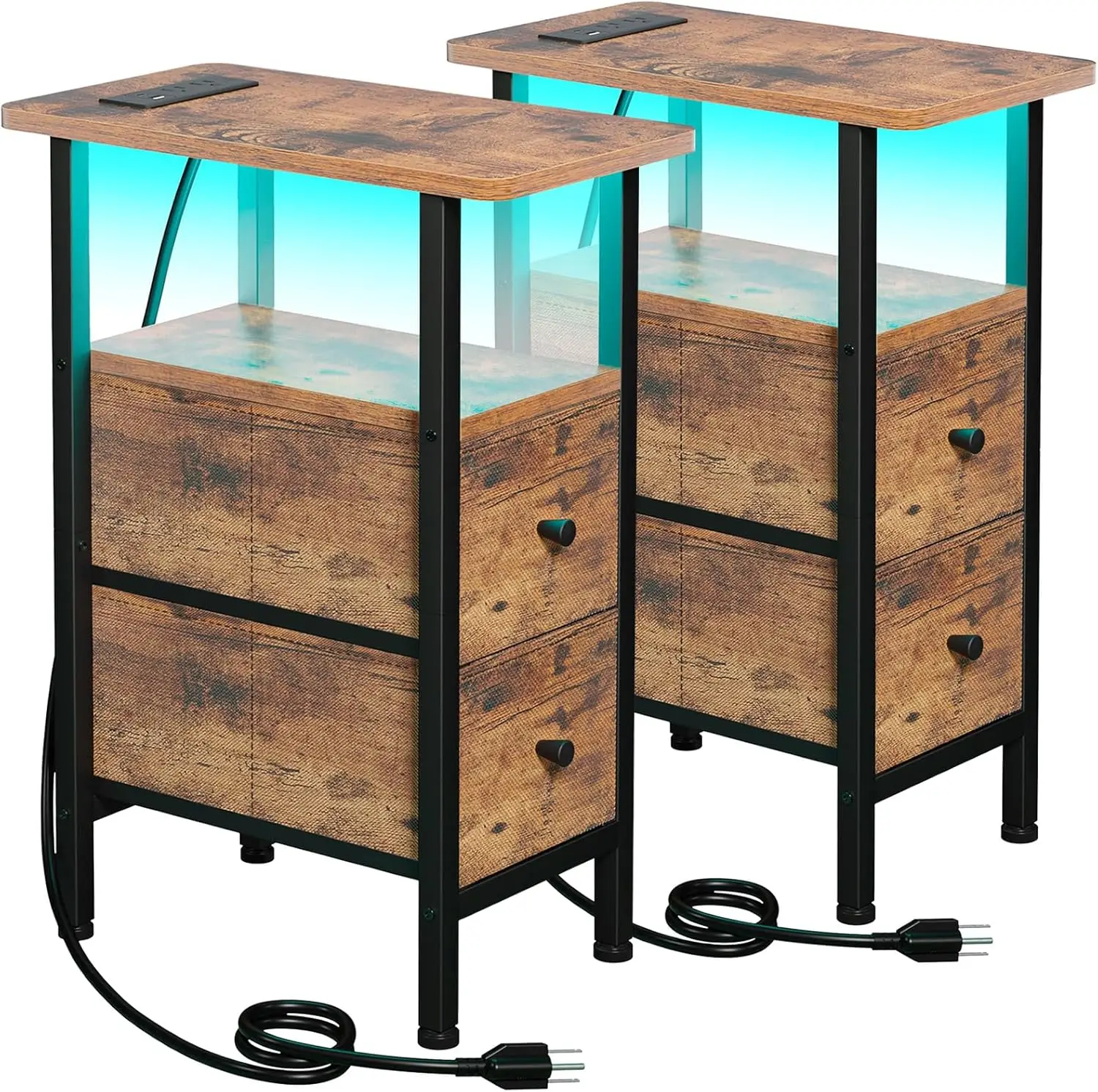 

Narrow Nightstand with Charging Station, LED Light & Fabric Drawers - Set of 2 Rustic Brown End Tables for Bedroom