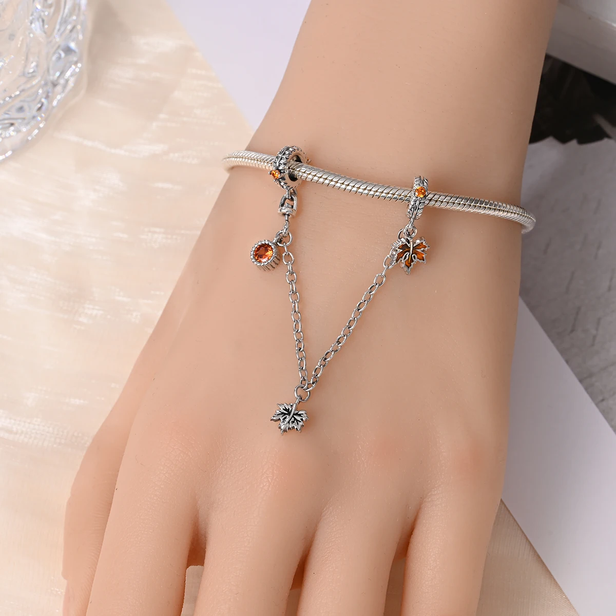 925 Silver Maple Leaf Safety Chain Charms for Bracelets