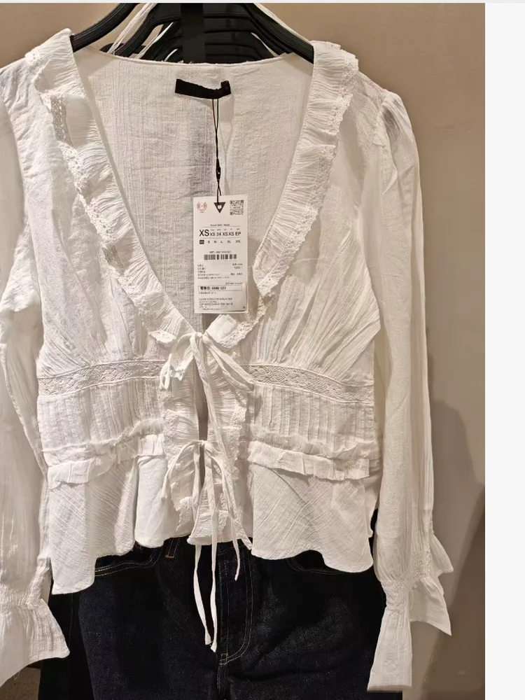 

Весна 2026: Женская блузка с V-образным вырезом, вышивкой и кружевом, приталенного кроя, с декоративным поясом, многослойным дизайном, из чистого хлопка, с длинным рукавом