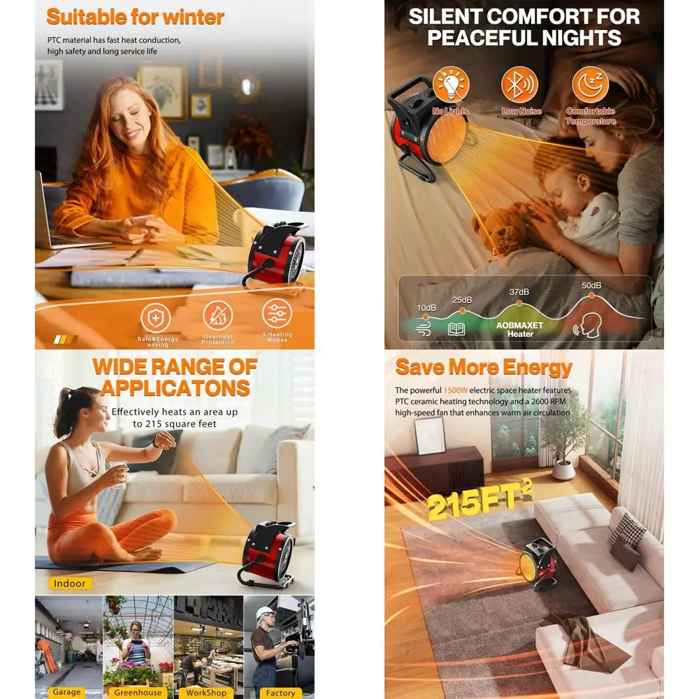 

1500W 3-Mode PTC Electric Patio Heater for Outdoor Spaces, Greenhouse, Garage, Deck, Overheat Protection