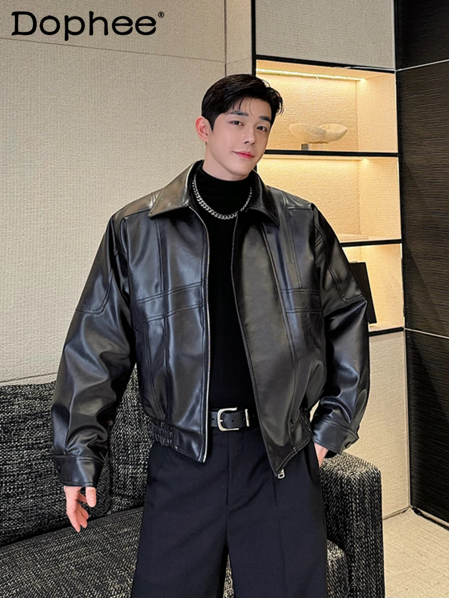 

2024 Autumn Winter New High-end Handsome Locomotive Leather Jackets Men's Short Windproof Long-sleeve Faux Leather Cotton Jacket