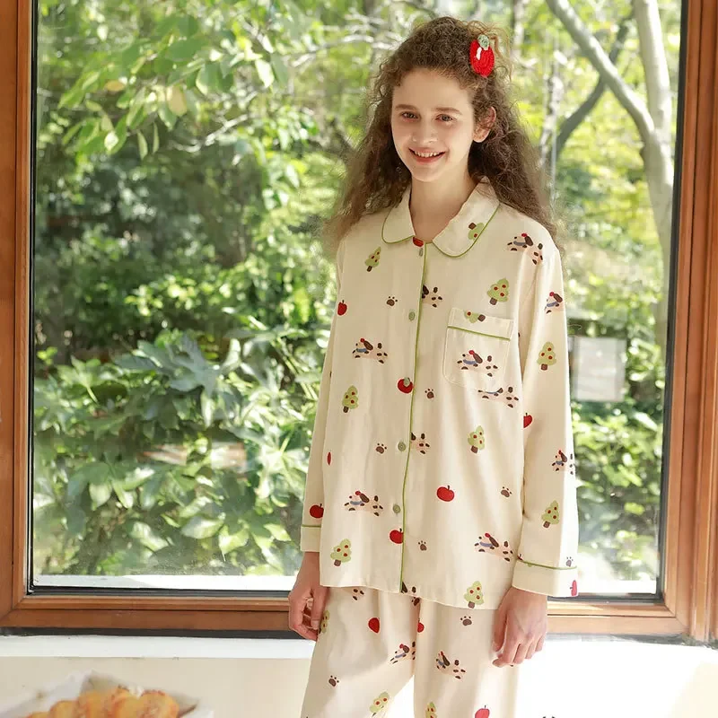 

Women's Christmas Pajama Set Kawaii Bear Apple Print Warm Flannel Sleepwear Cozy Winter Long Sleeve Loungewear Homewear