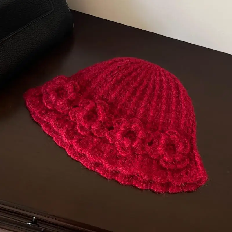 Red Christmas Handmade Chain Knitted Beanie Cap Women New Winter Warm Atmosphere Ear Protector Pullover Bucket Hat