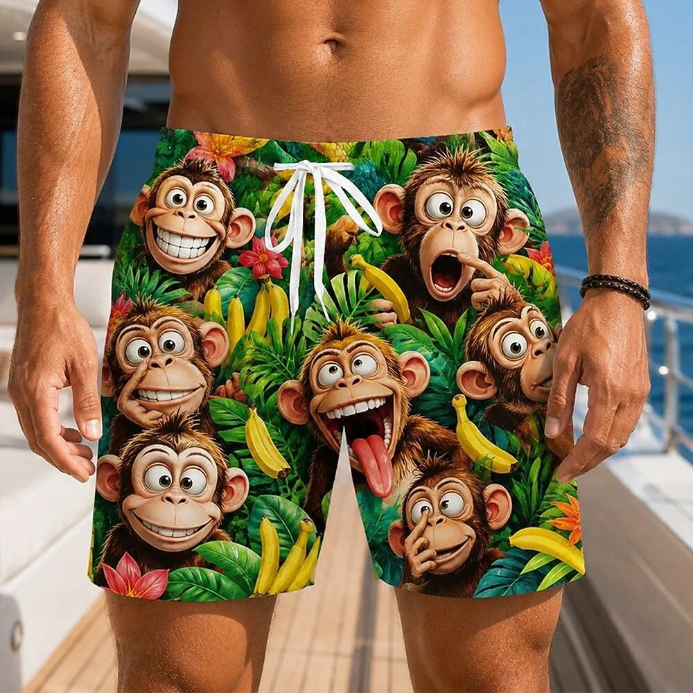 Men's Tropical Fruit Animal Print Drawstring Waist Shorts, Hawaiian Style Spring Summer Beach Vacation Daily Casual Fashion Wear