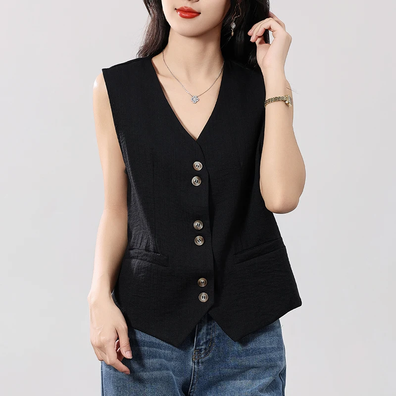 2024 Fashionable Linen V-neck Sleeveless Vest  Women's Spring/Summer New Elegant Casual Female Black White khaki Suit Vest  Top