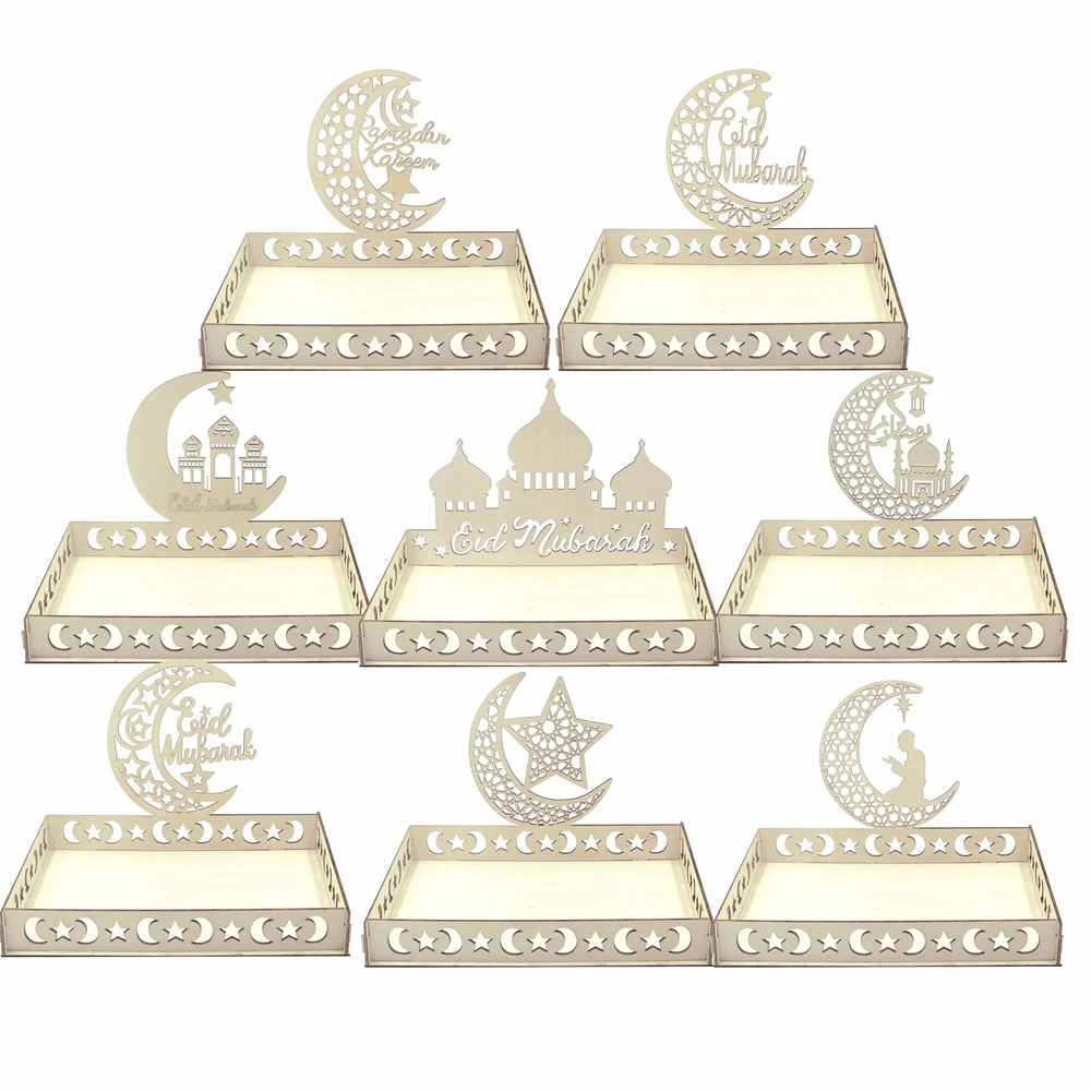 1set Wooden White  Eid Mubarak Tray Moon Star Food Holder Ramadan Kareem Food Holder Supplies Al Adha Muslim Table Decorations