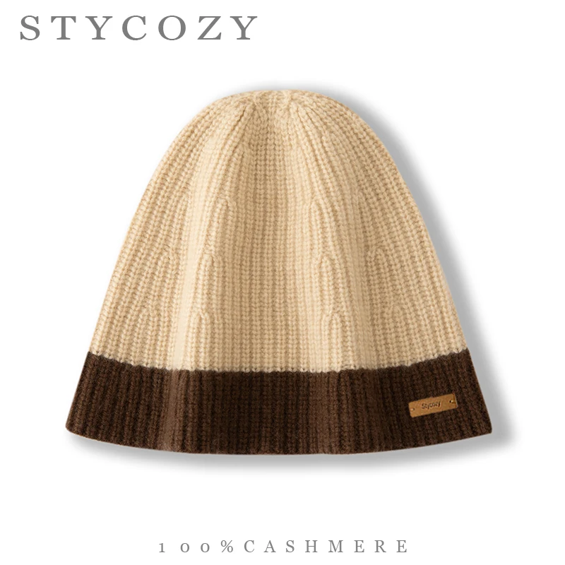 Women 100%Cashmere Color Block Knit Bucket Beanie Unisex Soft Thick Warm Winter Hat Wide Rib Brim Casual Skull Cap Cold Weather